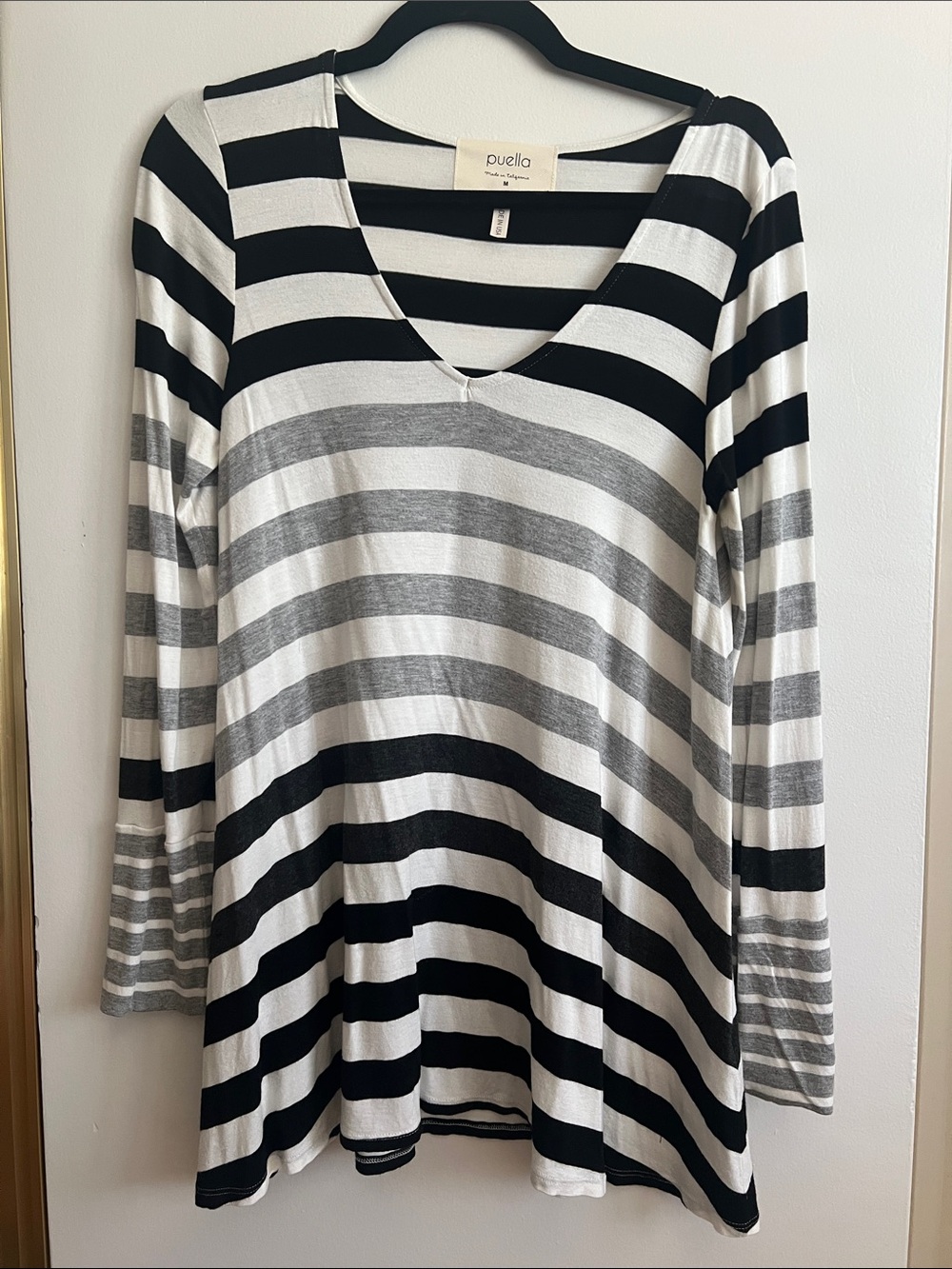 Puella Black, White & Gray Striped V-Neck Tunic - Medium
